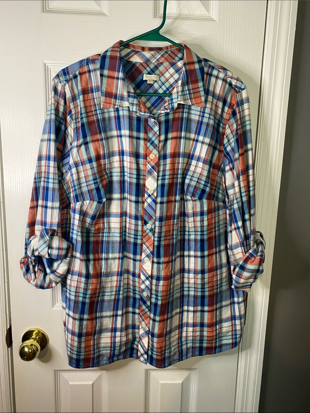 Talbots Blue & Rust Plaid Button-Down Shirt Size 2XLarge Roll Up Sleeves.